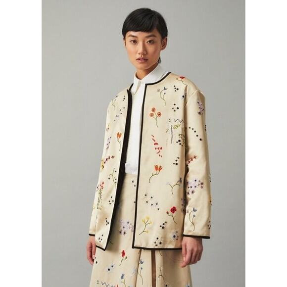 NWD Tory Burch Embroidery Quilted Open Front Satin jacket Sz 6 Pale Stone 1G474 - Picture 1 of 14